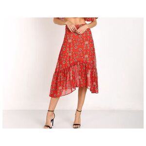 For Love And Lemons Country Western Asymmetrical Red Floral Pia Midi Skirt Size